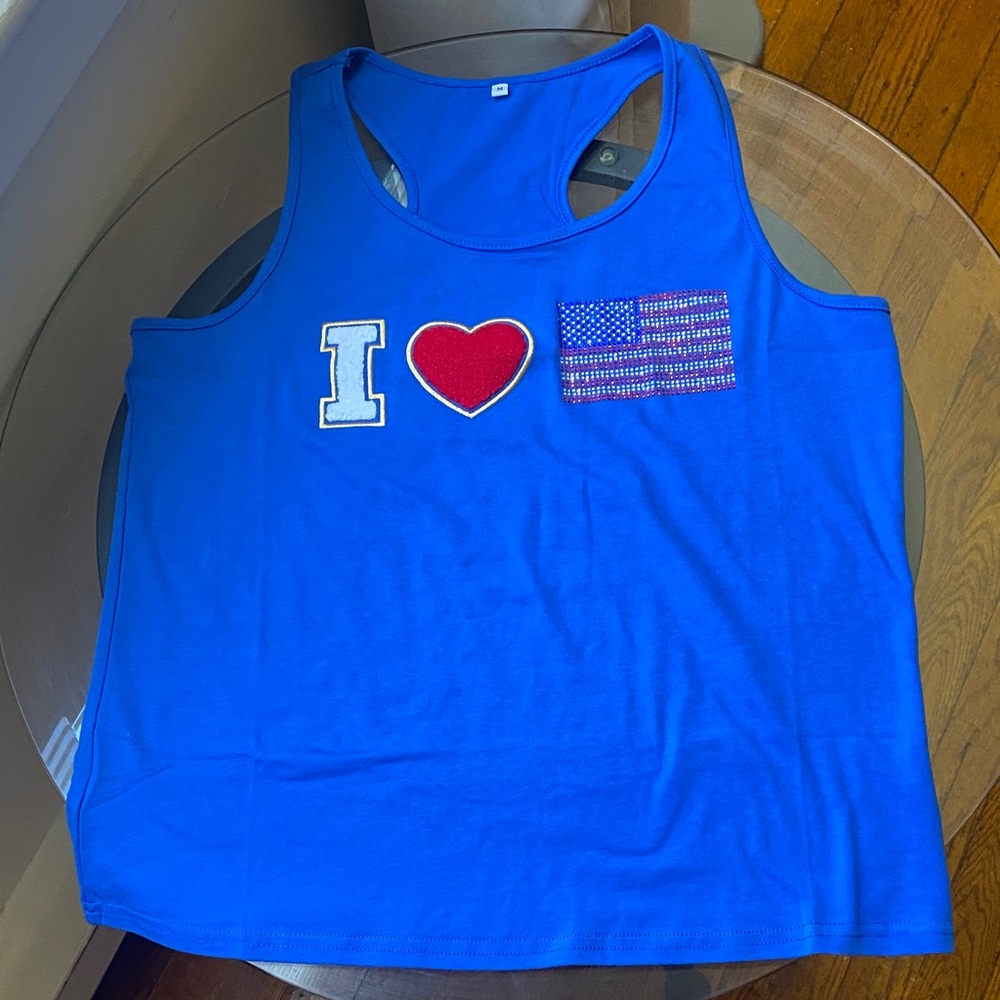 New Blue Tank Top with Heart and USA Flag Design
